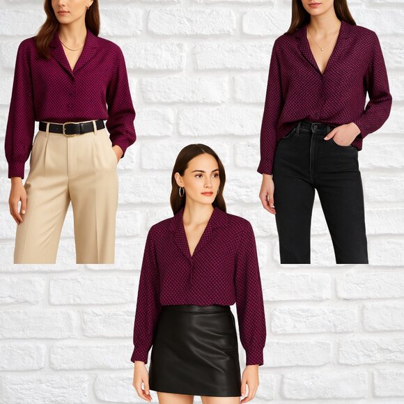 Vintage 80s Francesca of Damon for Starington 100% Silk Blouse Magenta & Blk Sz6 - Picture 3 of 9